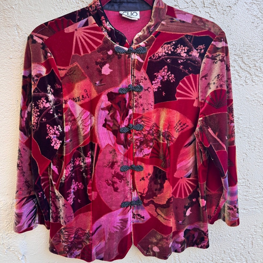 CLIO Vintage Floral Velvet Burgundy Mandarin Collar Button Blouse Cardigan
